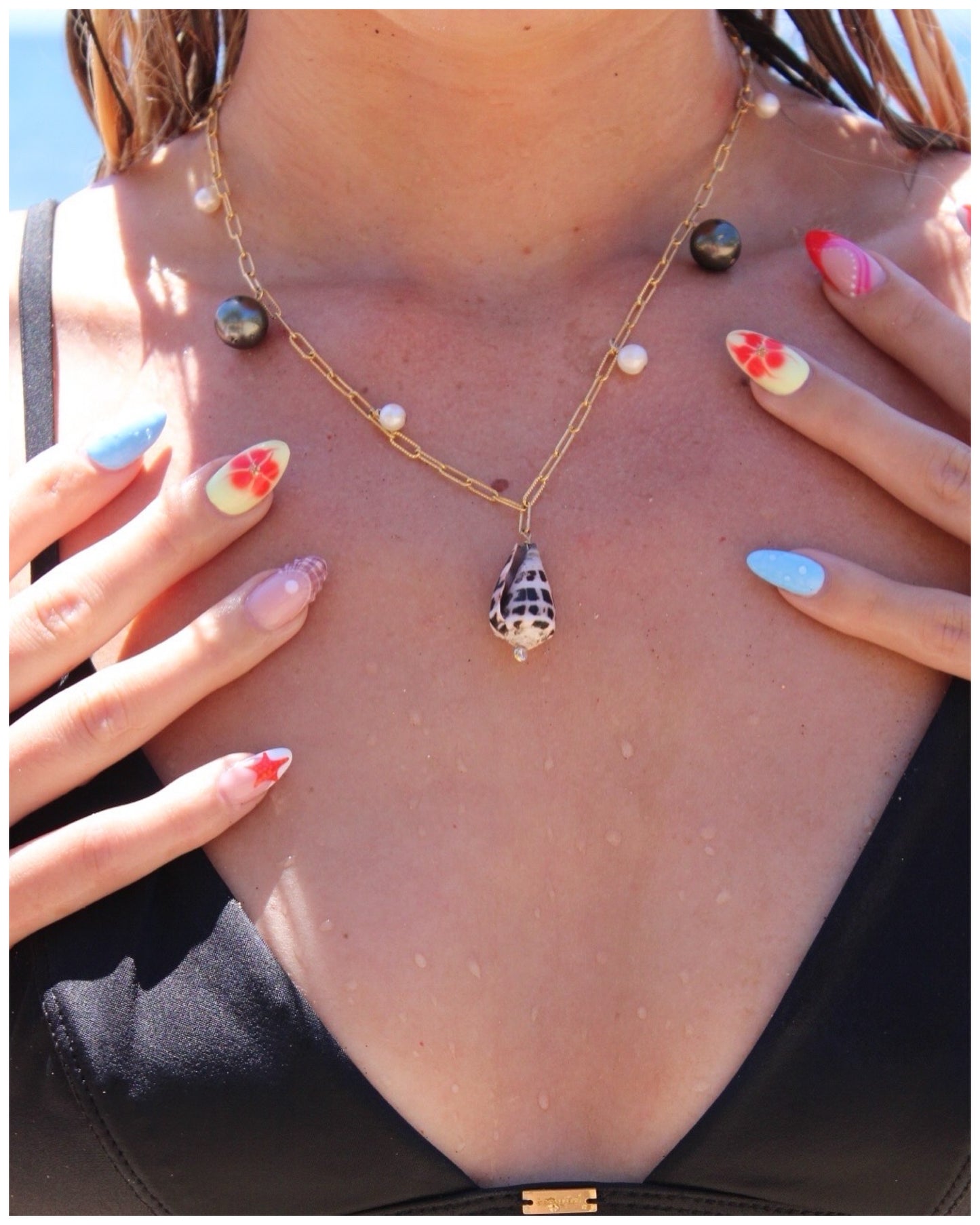 Adjustable Hebrew Shell Necklace with CZ Diamond, Tahitian & Freshwater Pearls