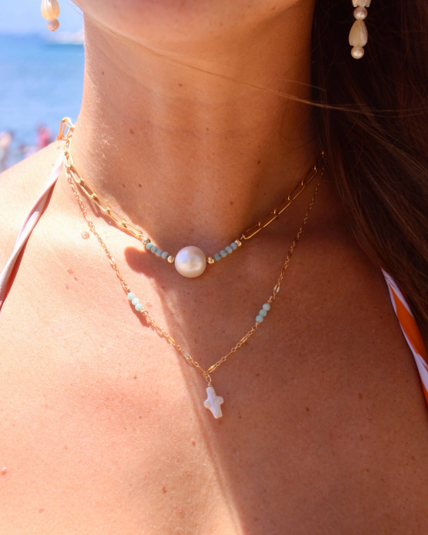 White Edison Pearl Necklace with Turquoise Beads on Gold Paperclip Chain | Waterproof & Non-Tarnish