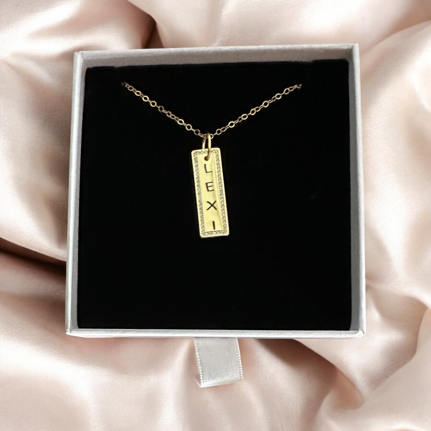 Engraved CZ bar necklace
